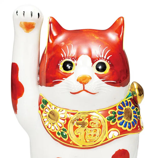 KUTANI WARE LUCKY CAT ‘AKA-BUCHI’ – HAND-PAINTED MANEKI NEKO (RED SPOTS)
