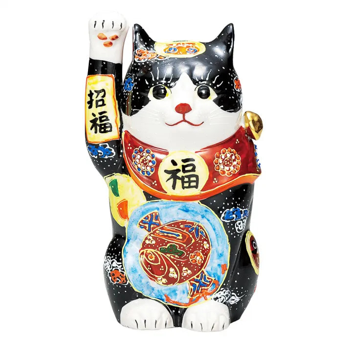 KUTANI WARE LUCKY CAT ‘HŌMON’ – HAND-PAINTED MANEKI NEKO WITH TREASURE PATTERN