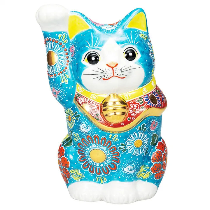 JAPANESE KUTANI PORCELAIN MANEKI NEKO – DARK BLUE RAISED ENAMEL DESIGN
