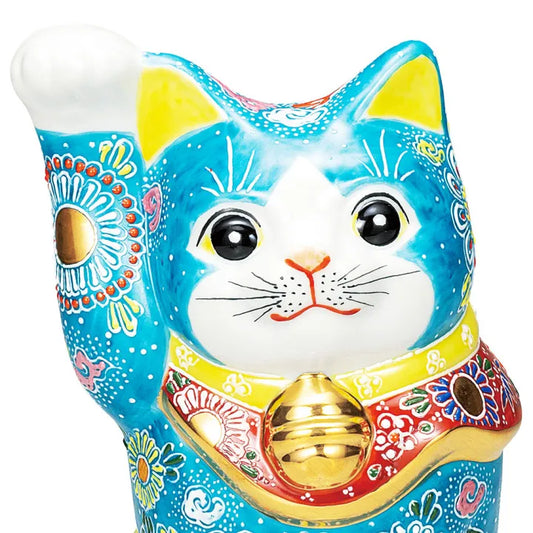 JAPANESE KUTANI PORCELAIN MANEKI NEKO – DARK BLUE RAISED ENAMEL DESIGN