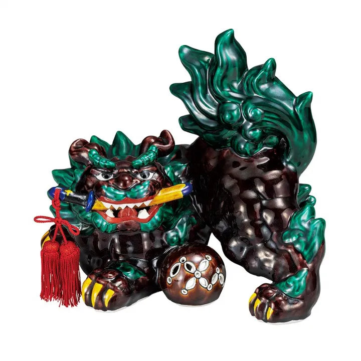 JAPANESE KUTANI PORCELAIN SHISHI (GUARDIAN LION) WITH SACRED SWORD – COCHI-STYLE GLAZE