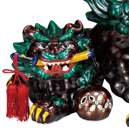JAPANESE KUTANI PORCELAIN SHISHI (GUARDIAN LION) WITH SACRED SWORD – COCHI-STYLE GLAZE