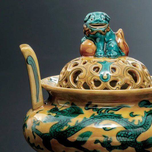 KUTANI WARE INCENSE BURNER “DRAGON IN YELLOW GLAZE” HANDCRAFTED BY TAMEKICHI MITSUI | PAULOWNIA BOX INCLUDED