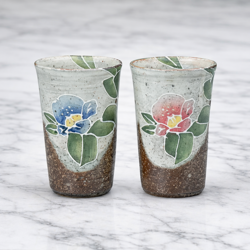 JAPANESE KUTANI WARE PAIR FREE CUPS – “MORITSUBAKI” CAMELLIA DESIGN BY SHIHO AIKAWA
