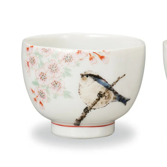 KUTANI WARE PAIR GUINOMI (SAKE CUPS) “SPRING & AUTUMN” BY TOSHITO NAKAMURA WOODEN BOX