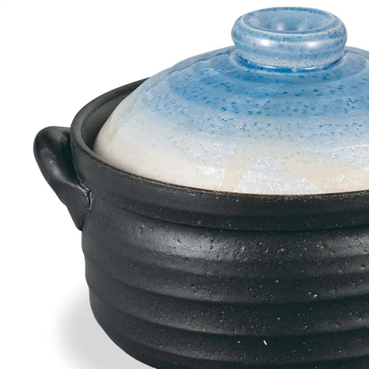 KUTANI WARE RICE POT FOR 2 CUPS, SILVER DECORATIVE GLAZE IN BLUE, PREMIUM BOX