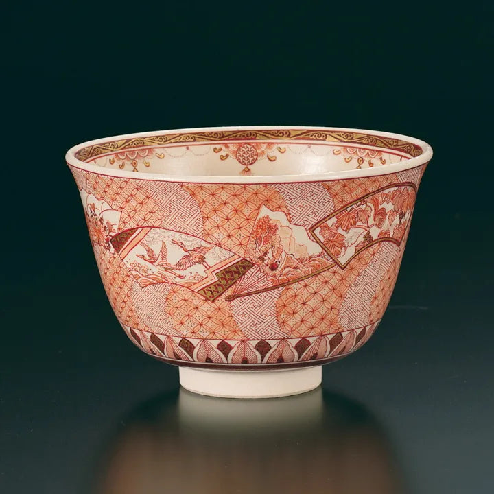 KUTANI WARE MATCHA BOWL “SENMEN CHIRASHI” (FAN MOTIF) – BUZAN FUKUSHIMA (WOODEN BOX WITH CORD)