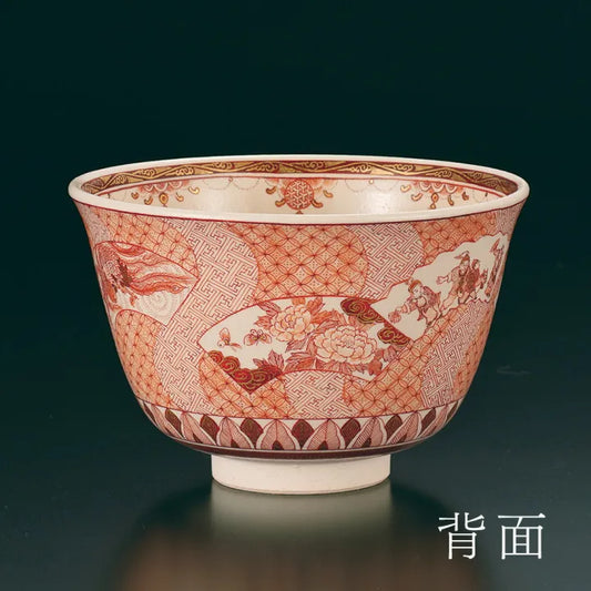 KUTANI WARE MATCHA BOWL “SENMEN CHIRASHI” (FAN MOTIF) – BUZAN FUKUSHIMA (WOODEN BOX WITH CORD)