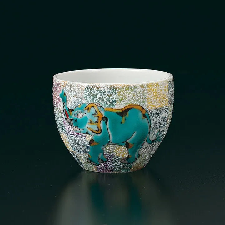 KUTANI WARE GUINOMI SAKE CUP – SACRED ELEPHANT DESIGN BY YASUSHI YAMACHIKA, WOODEN BOX INCLUDED