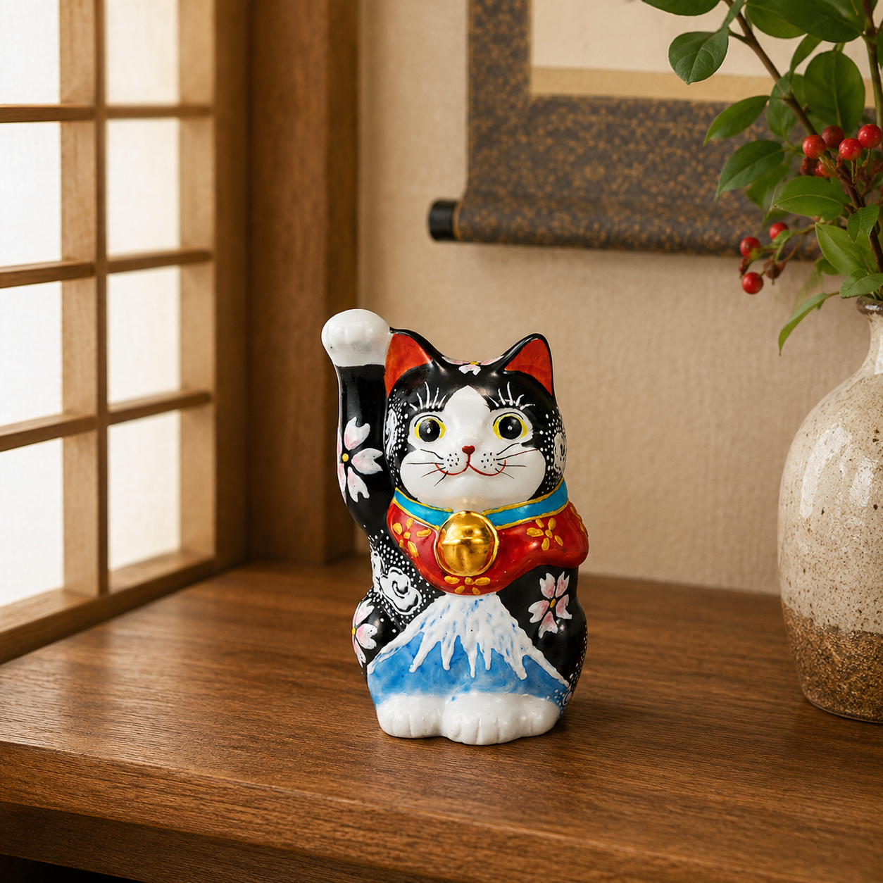 KUTANI WARE LUCKY CAT ‘SHIRO-FUJI’ – HAND-PAINTED MANEKI NEKO (WHITE MT. FUJI DESIGN