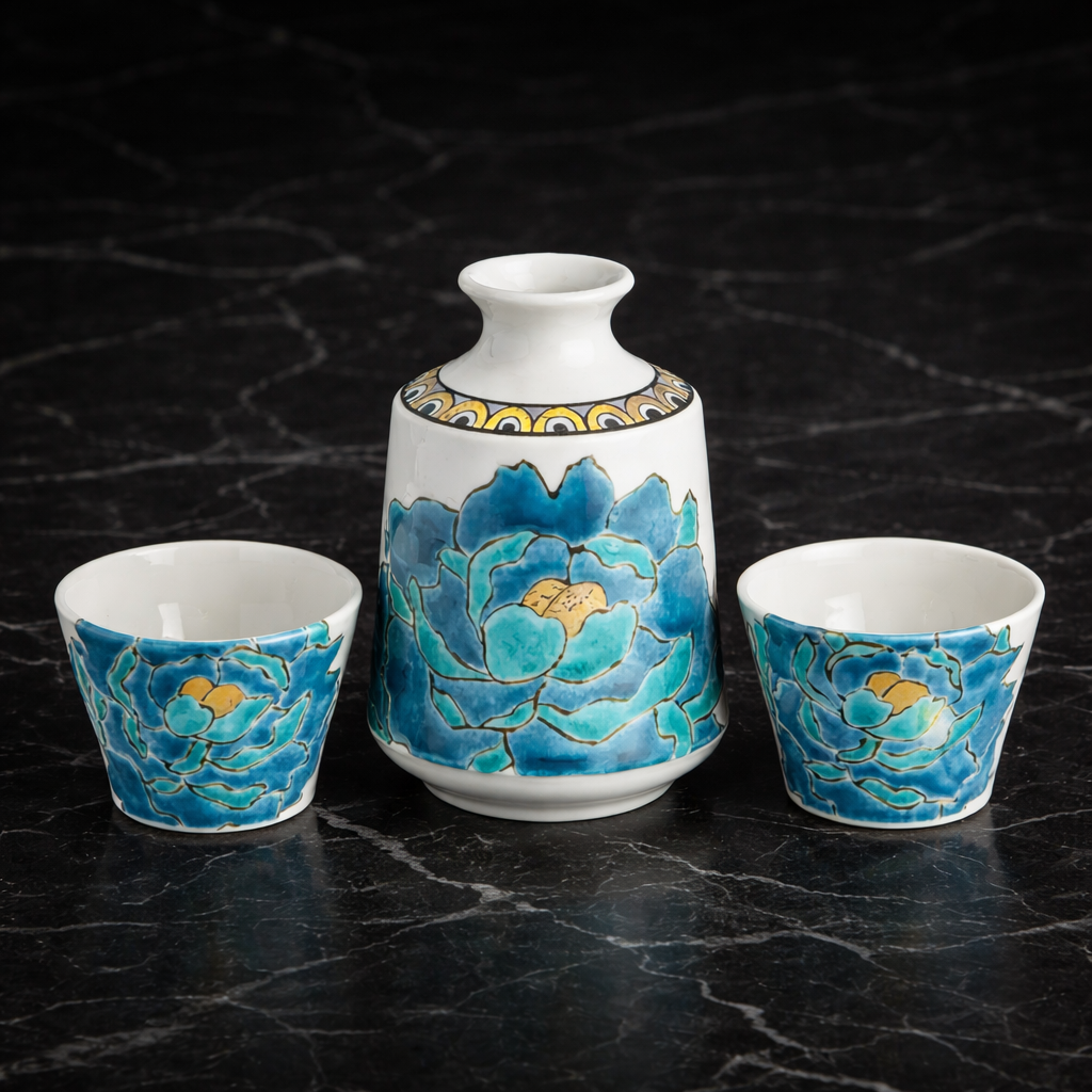 KUTANI WARE SAKE SET PEONY BLUE/TSUYOSHI SATOU