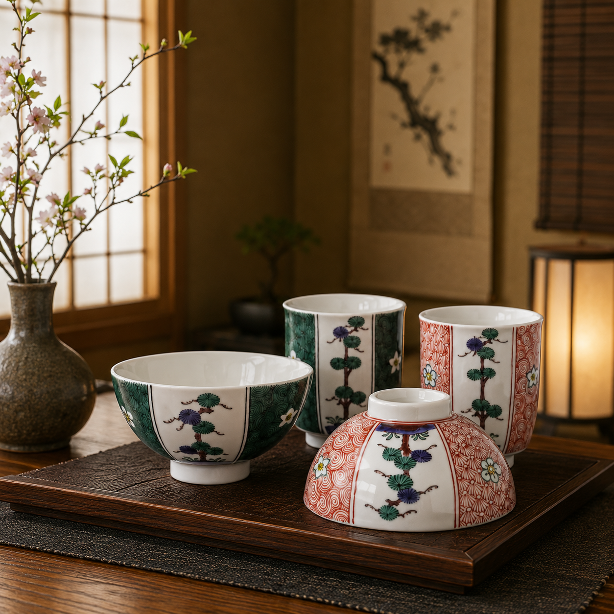 KUTANI WARE MEOTO SET “WARITAKE SHOCHIKUBAI (PINE, BAMBOO & PLUM)”