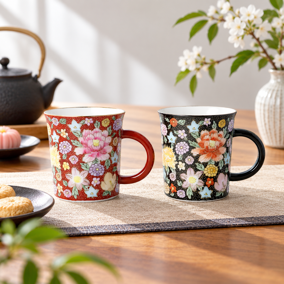 KUTANI WARE PAIR MUG CUPS – HANAZUME FLORAL DESIGN