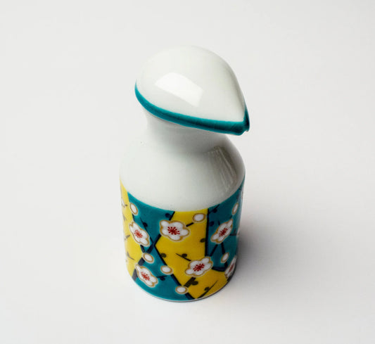 KUTANI WARE PATTERNED SOY SAUCE DISPENSER PLUM DESIGN SEIKOU KILN, JAPANESE CERAMIC SAUCE CONTAINER