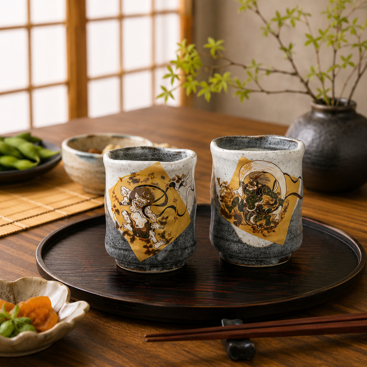 KUTANI WARE YUNOMI TEA CUP SET – FUJIN AND RAIJIN
