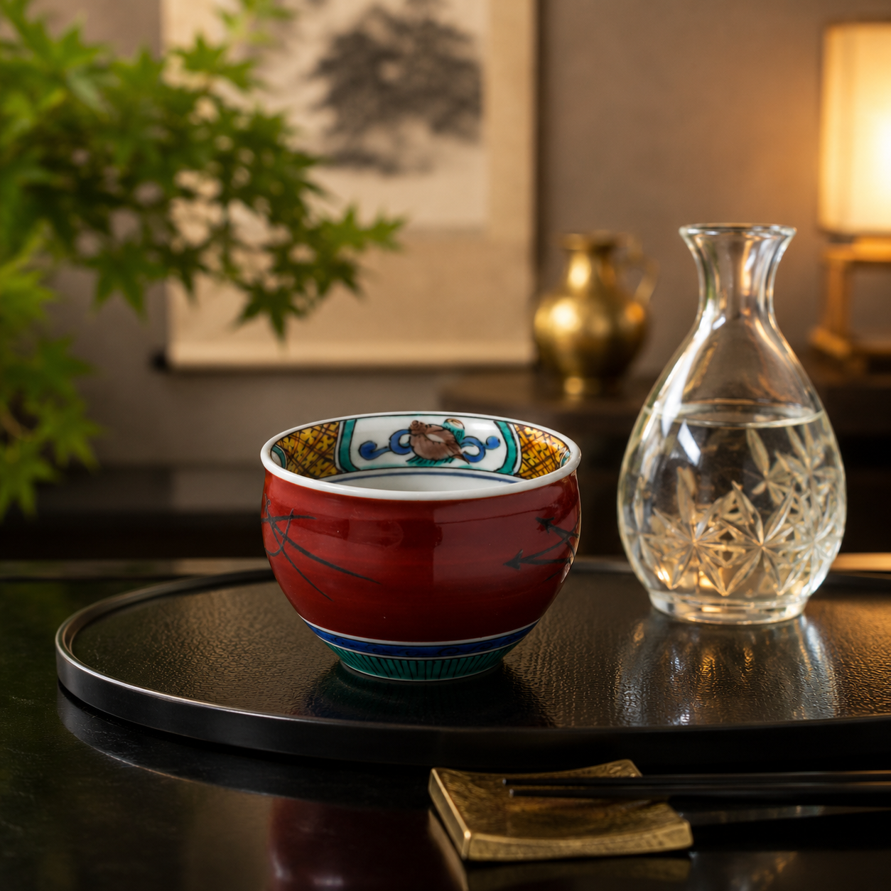 KUTANI WARE GUINOMI SAKE CUP “COUNTRYSIDE LANDSCAPE” / TAMEKICHI MITSUI