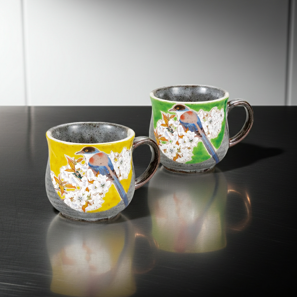 JAPANESE KUTANI WARE PAIR MUG CUPS – WILD CHERRY BLOSSOMS AND BIRD DESIGN