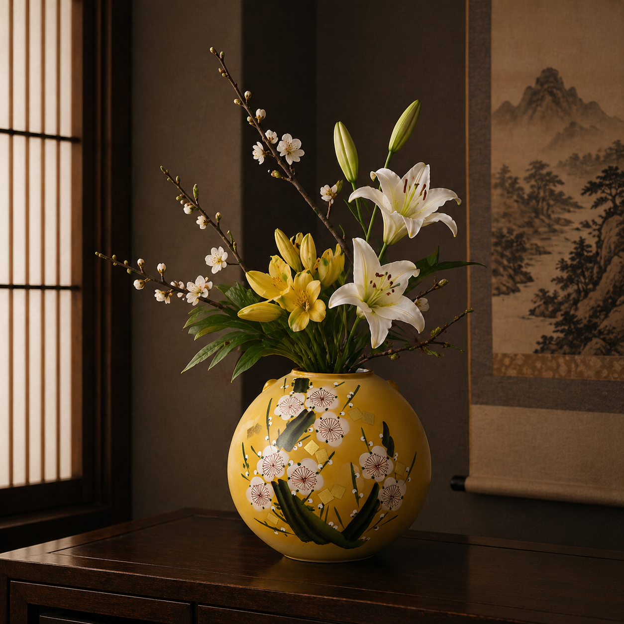 工芸品 Kutani ware vase by Takashi Kitamura KUTANI WARE VASE WITH PLUM BLOSSOMS IN GOLD LEAF / TOYOSHI YAMADA