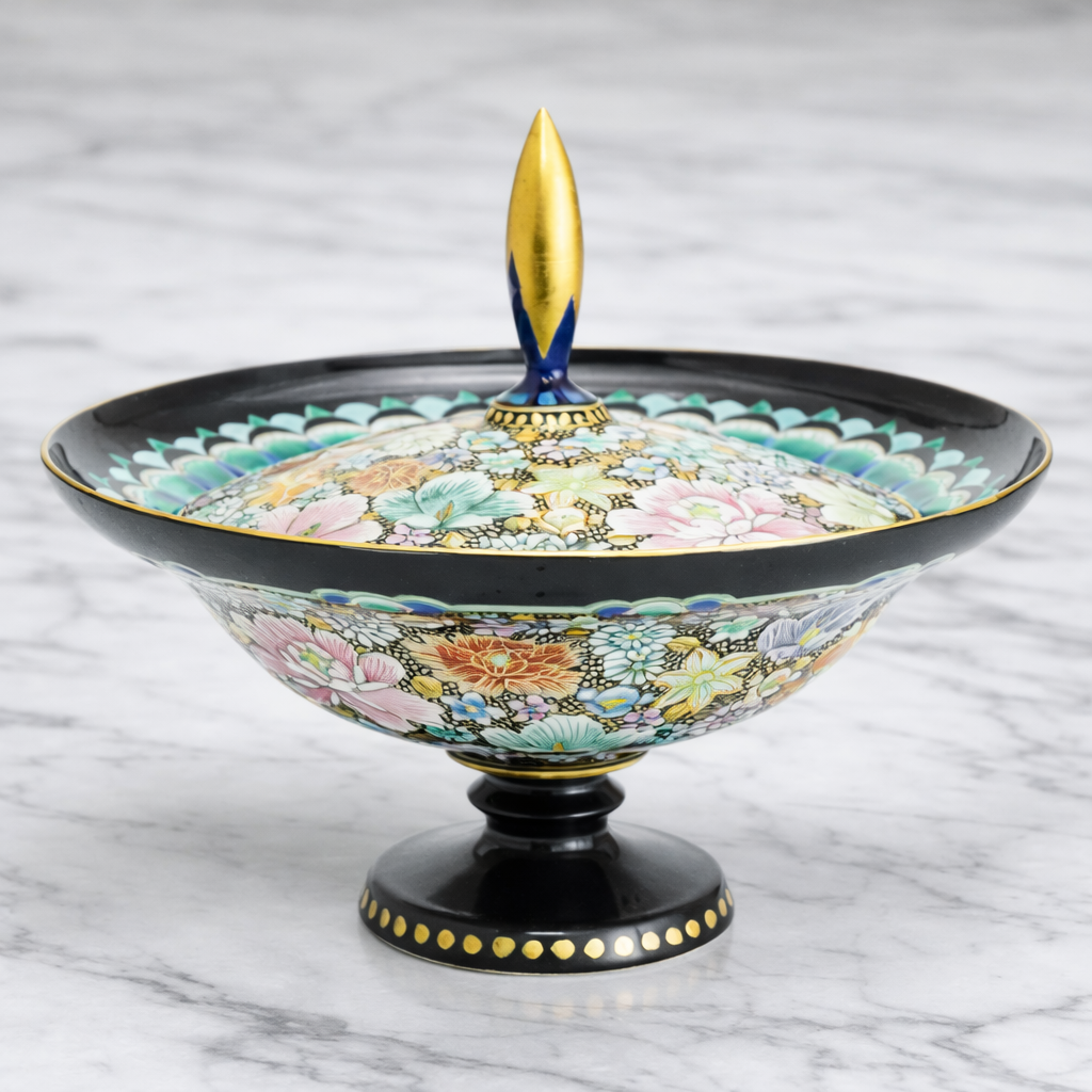 KUTANI WARE PEDESTAL PLATE – IROE KINRAN HANA-ZUME BY TAKAFUMI TAKA, JAPANESE PORCELAIN