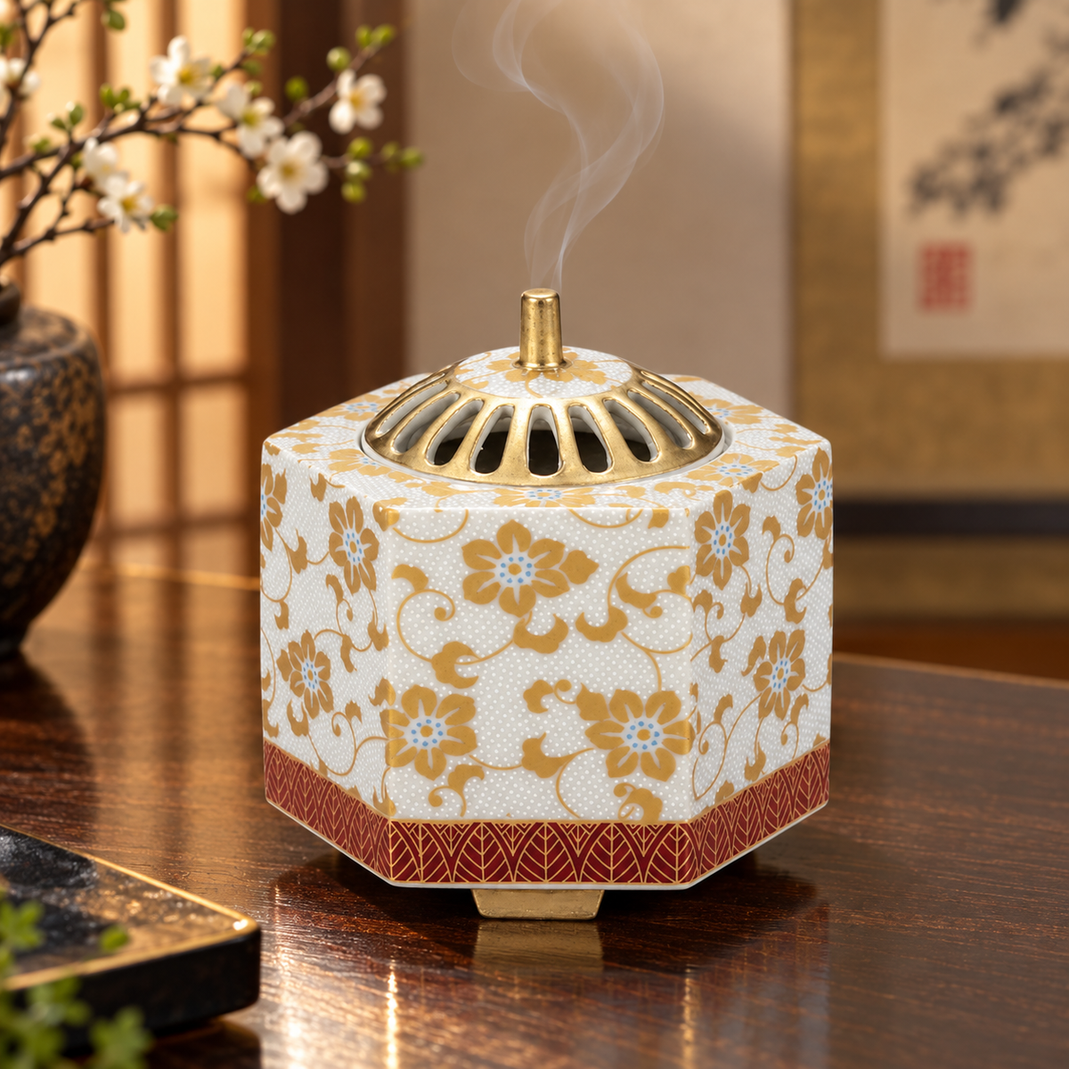 KUTANI WARE INCENSE BURNER – SHIRO CHIBU TESSEN (WHITE BEADED CLEMATIS DESIGN)