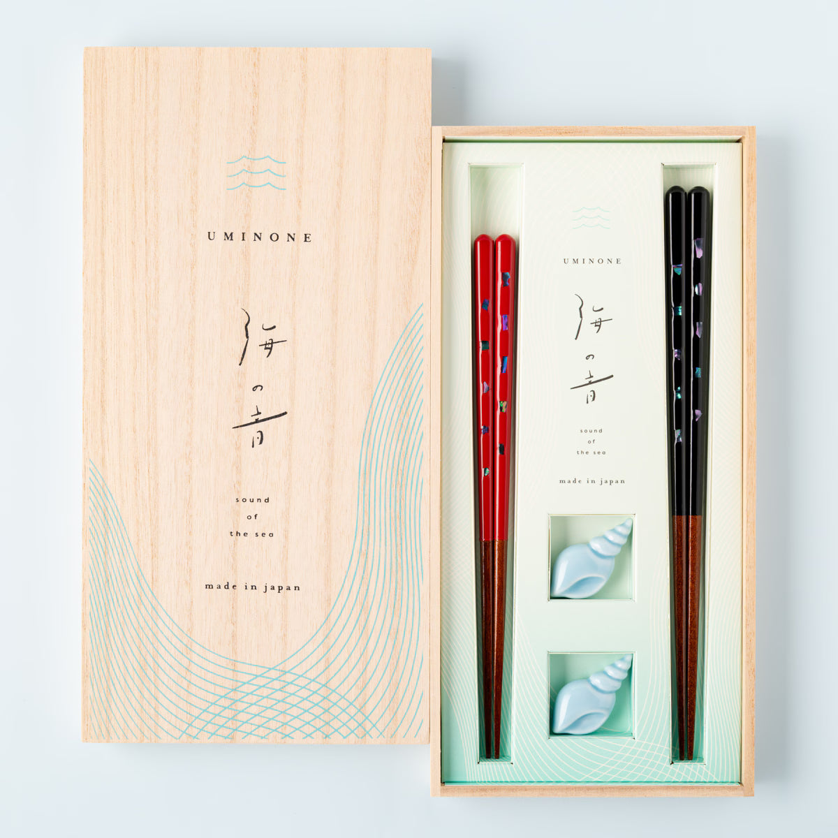 WAKASA LACQUER CHOPSTICKS PAIR “UMI NO OTO” WITH SHELL BOOKMARK & RAKUGAN SHELL CHOPSTICK REST SET