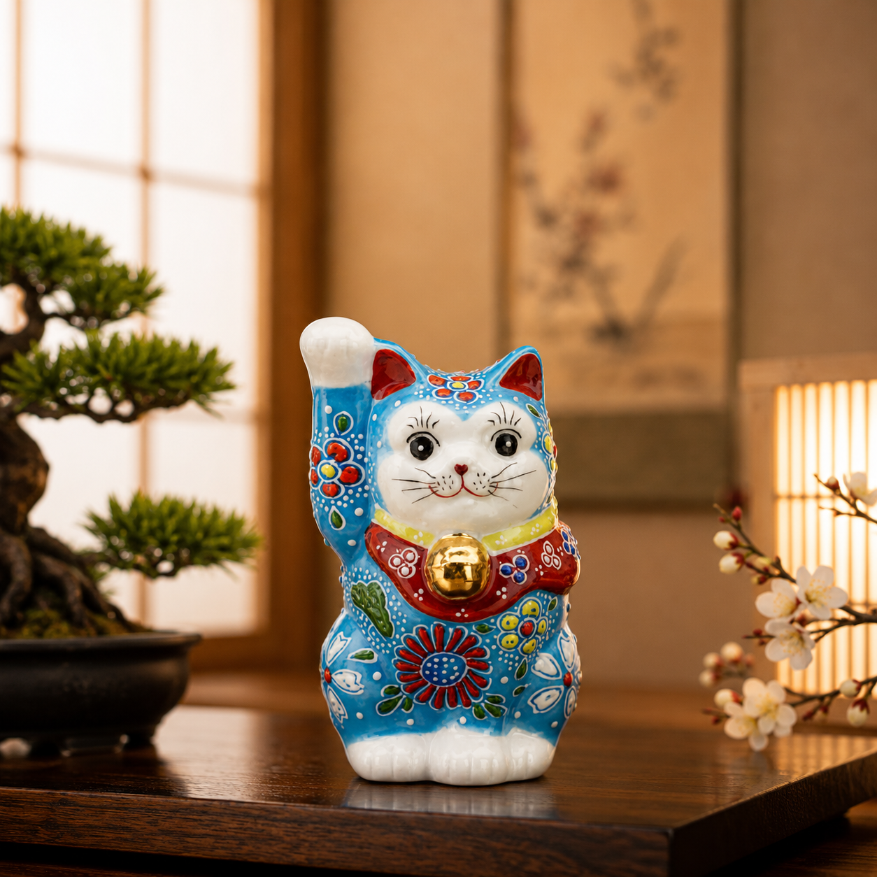 KUTANI JAPANESE LUCKY CAT(MANEKI NEKO) PALE BLUE RAISED DESIGN