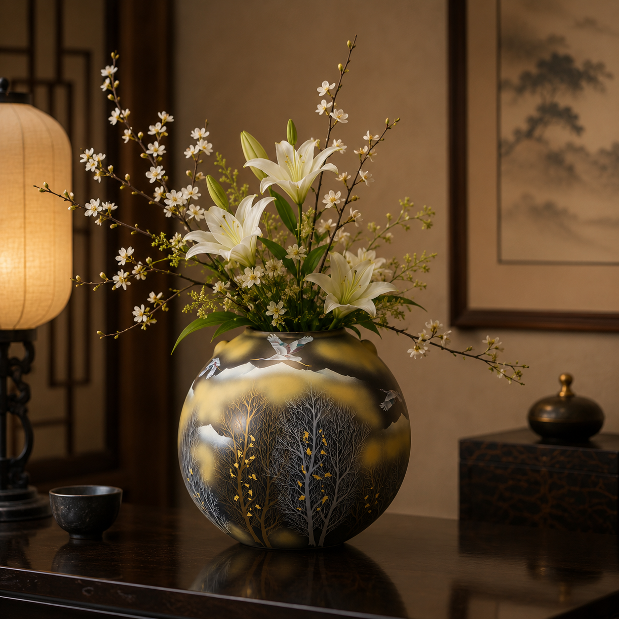 KUTANI WARE FLOWER VASE KINUN CRANE AND TREE MOTIF