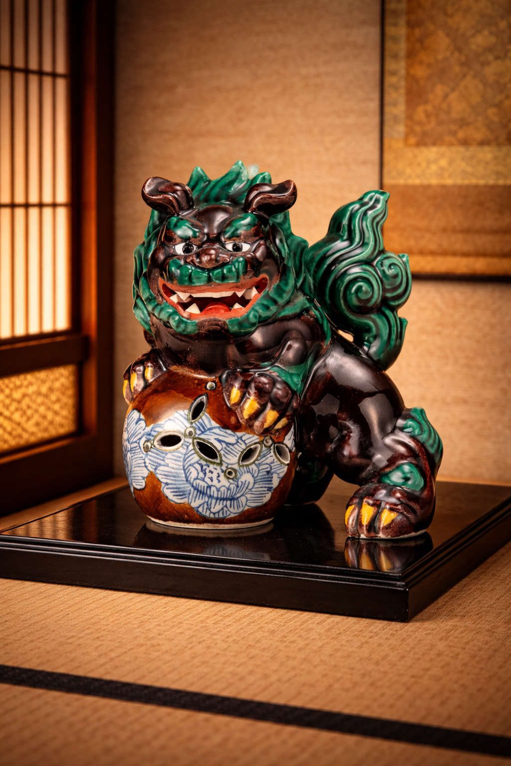 JAPANESE KUTANI PORCELAIN STANDING GUARDIAN LION – COCHI-STYLE GLAZE