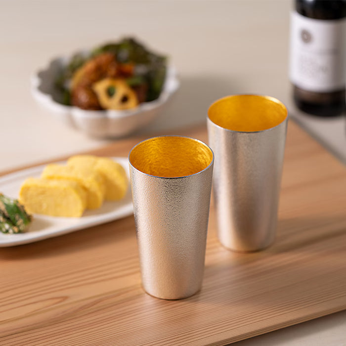 NOUSAKU JAPANESE TIN BEER CUPS WITH GOLD LEAF – SET OF 2|MADE IN JAPAN|PAULOWNIA WOOD BOX