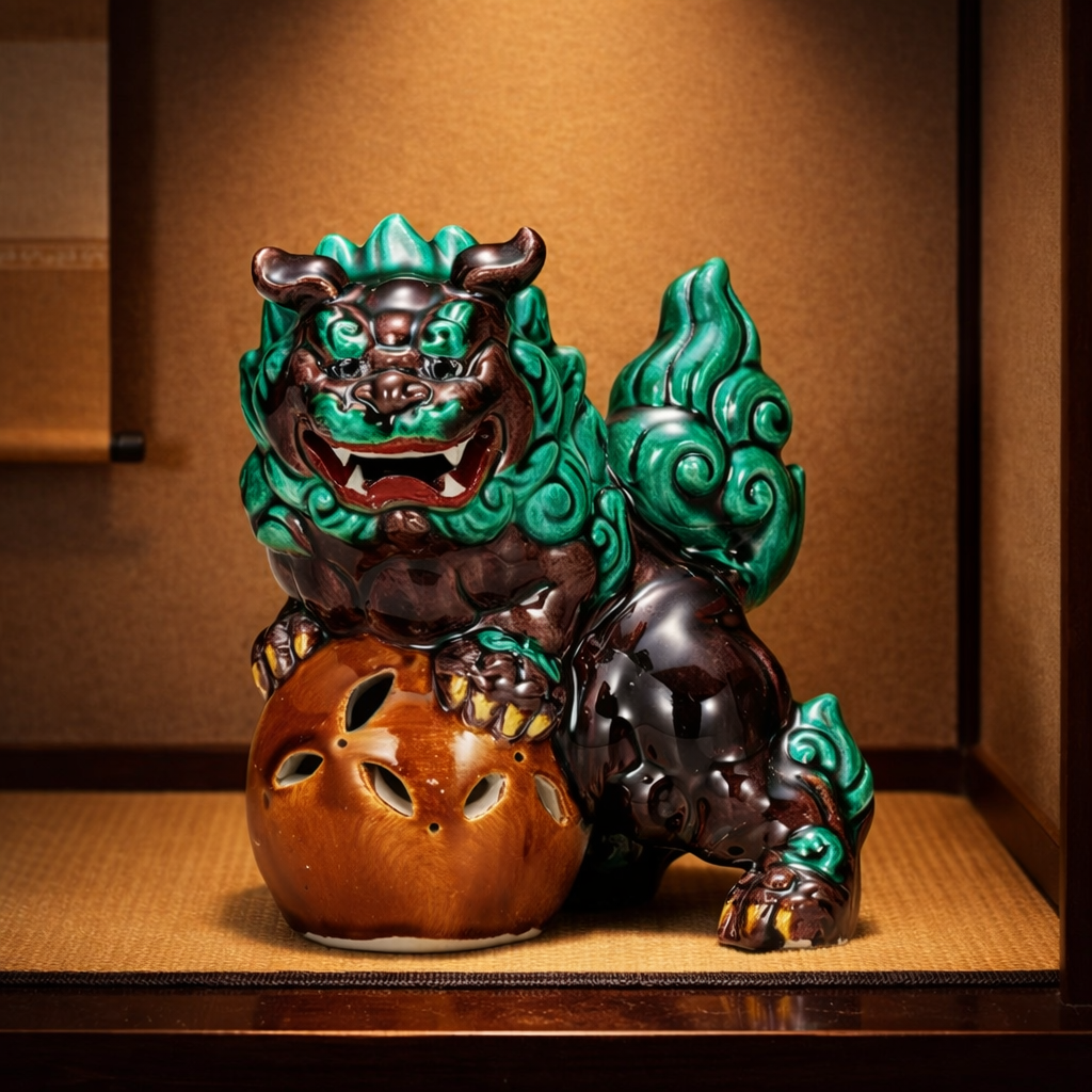 JAPANESE KUTANI PORCELAIN STANDING GUARDIAN LION FIGURINE – COCHI GLAZE FINISH