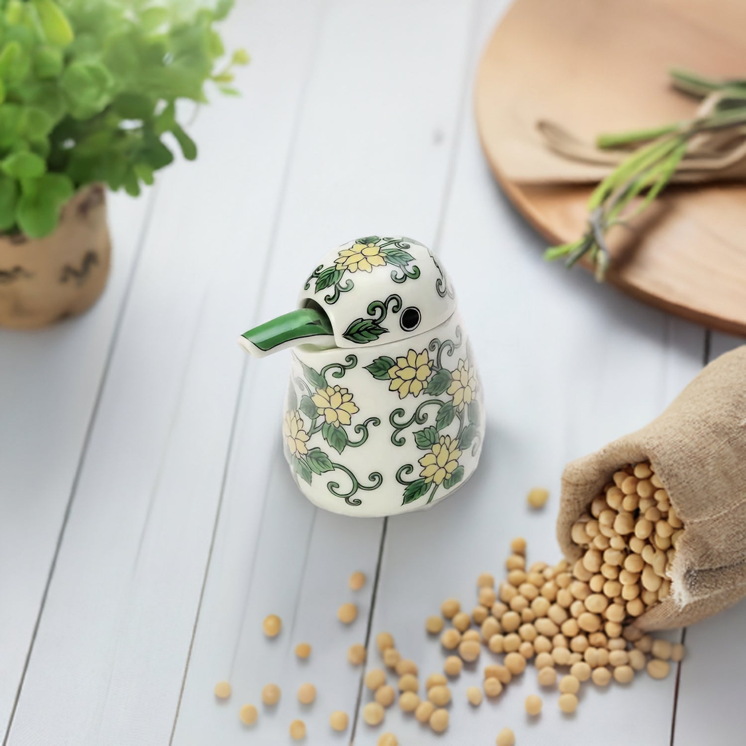 JAPANESE SAUCE DISPENSER ARITA NISHIKI GREEN ARABESQUE KINGFISHER-SHAPED / KOURAKU KILN