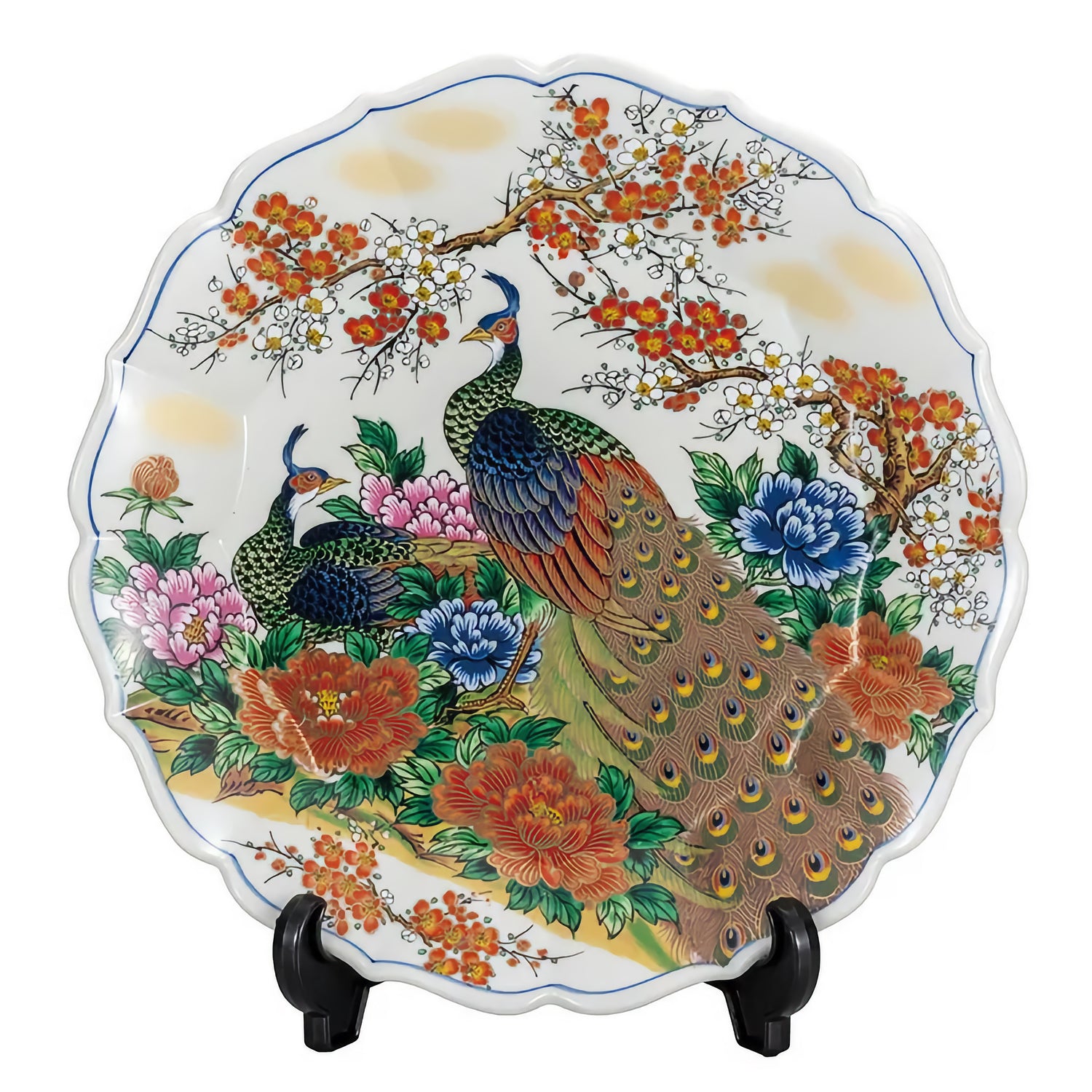 JAPAN KUTANI DECORATIVE PLATE - PEONY AND PEACOCK (WITH PLATE STAND)