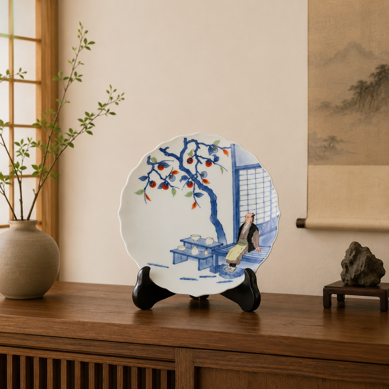 ARITA WARE DECORATIVE PLATE “KIKYO RIM SHODAI PATTERN” – KAKIEMON KILN
