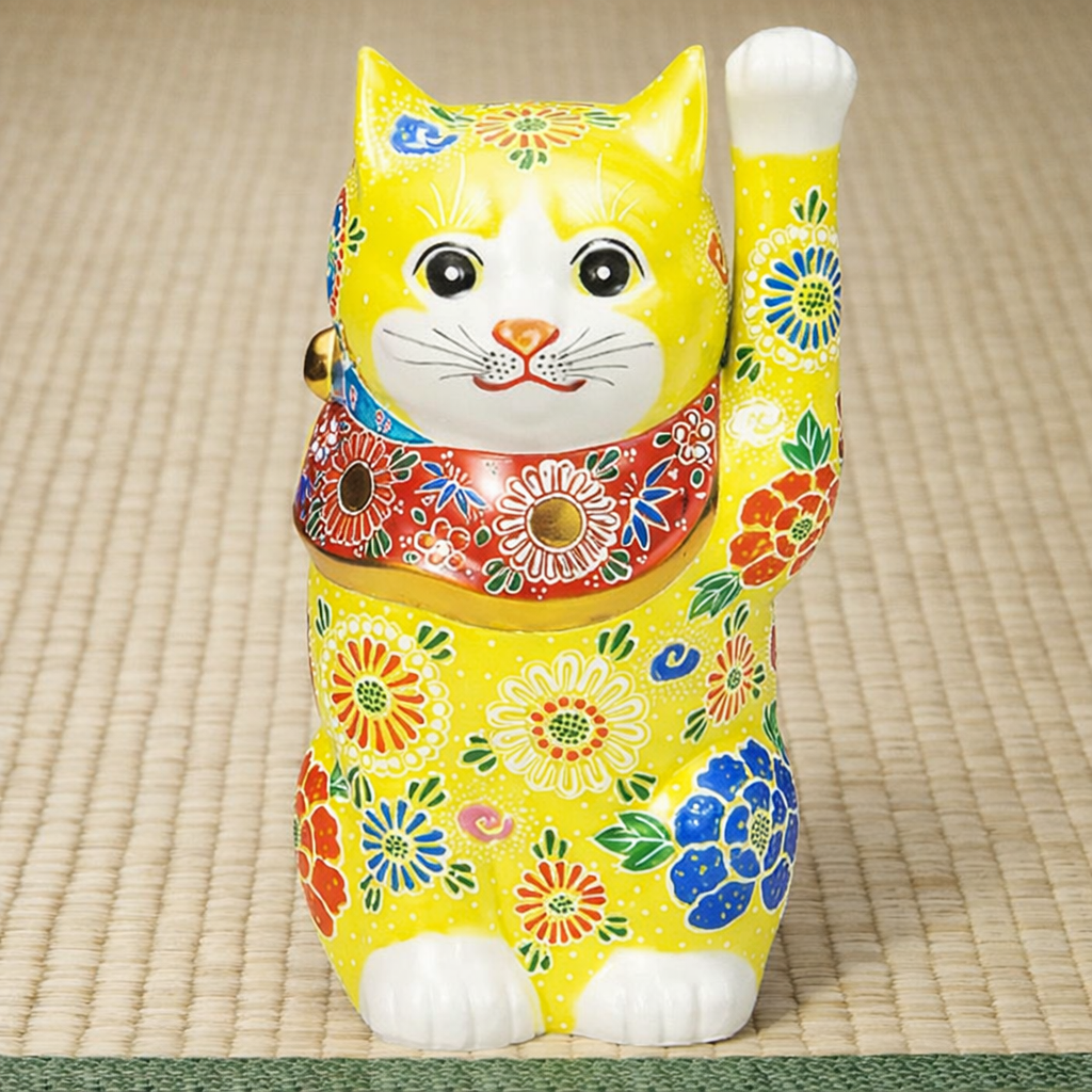 KUTANI WARE LUCKY CAT – YELLOW MORI (RAISED ENAMEL DECORATION)