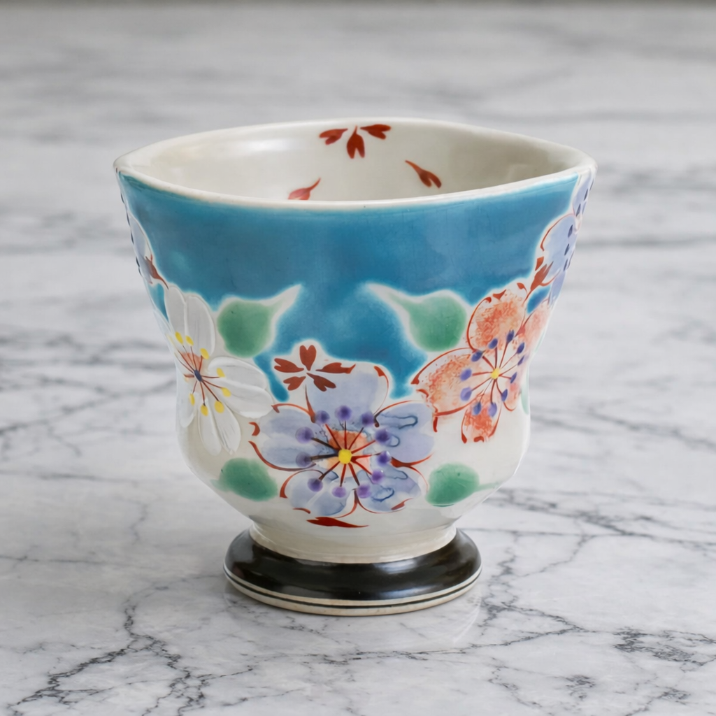 KUTANI JAPANESE YUNOMI CHERRY BLOSSOM BANQUET - BLUE/KOKUZOU KLIN