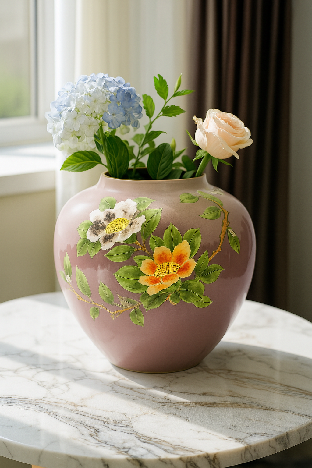 JAPANESE FLOWER VASE KUTANI CAMELLIA IN GOLD LEAF