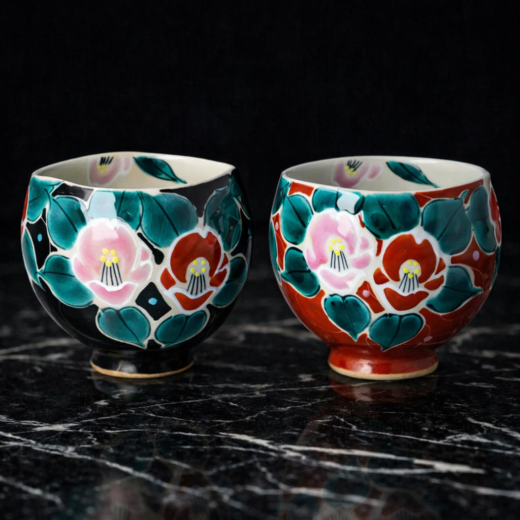 KUTANI WARE PAIR OF IPPUKU TEA CUPS “IROE MUSŌ CAMELLIA” (BLACK & RED) – KOKUZOU KILN