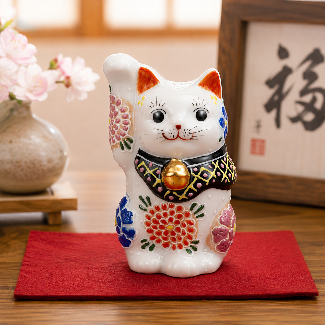 KUTANI WARE LUCKY CAT(MANEKI NEKO) LUXURIOUS FLORAL PATTERN