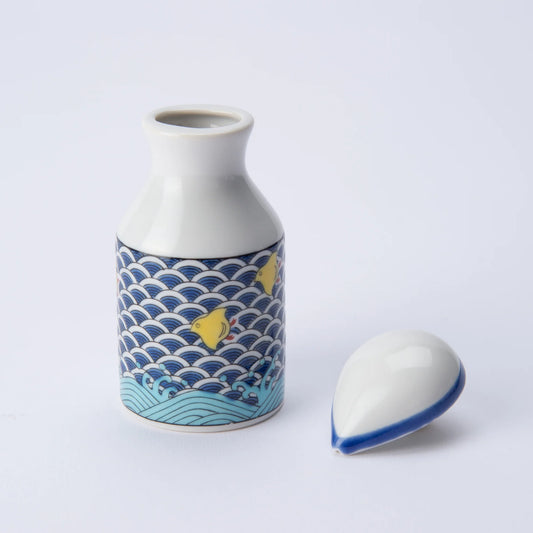 KUTANI WARE PATTERNED SOY SAUCE DISPENSER CHIDORI DESIGN SEIKOU KILN, JAPANESE CERAMIC SAUCE CONTAINER