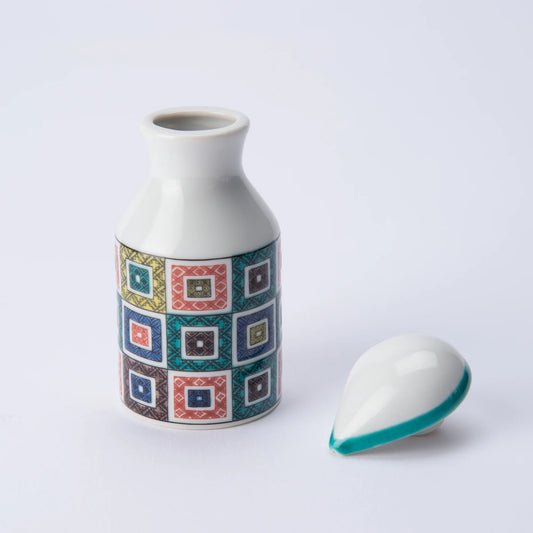KUTANI WARE PATTERNED SOY SAUCE DISPENSER ISHIDATAMI DESIGN SEIKOU KILN, JAPANESE CERAMIC SAUCE CONTAINER