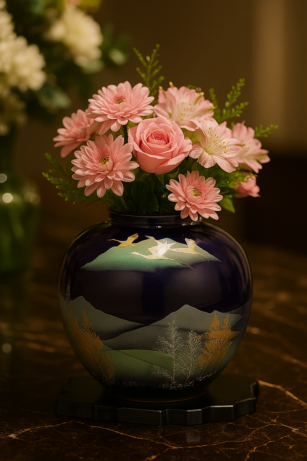 CRANES IN MOUNTAIN GROVE (WITH STAND) KUTANI JAPANESE FLOWER VASE