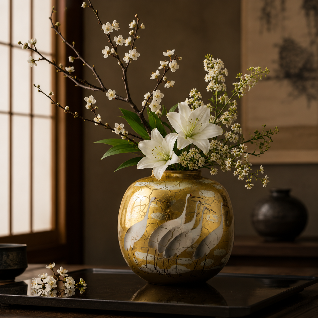 KUTANI WARE FLOWER VASE GOLD LEAF CRANE/ TOYOSHI YAMADA