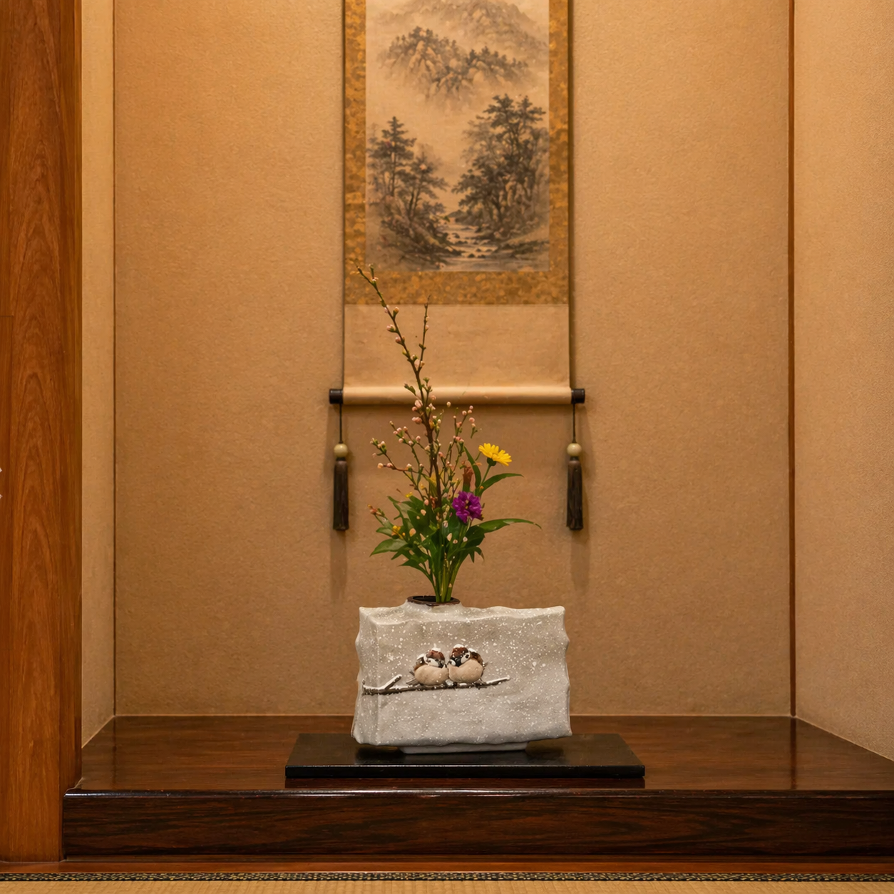 KUTANI WARE WEDGE-SHAPED FLAT VASE (HENKO) – SNOW SPARROW DESIGN BY TOSHITO NAKAMURA