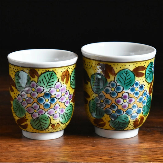 KUTANI JAPANESE YUNOMI SET TEACUP YOSHIDAYA HYDRANGEA