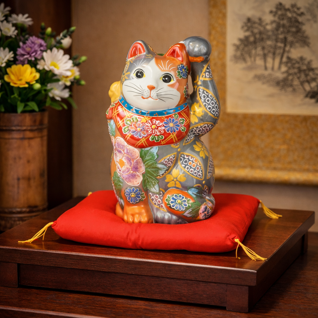 JAPAN KUTANI LUCKY CAT( MANEKI-NEKO) SILVER VERMILION FLORAL PROSPERITY (WITH CUSHION)