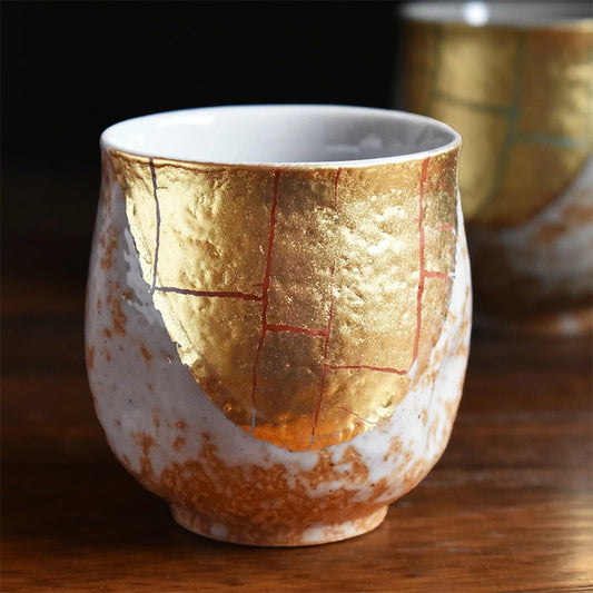 KUTANI JAPANESE YUNOMI SET TEACUP GOLD LEAF DECORATION