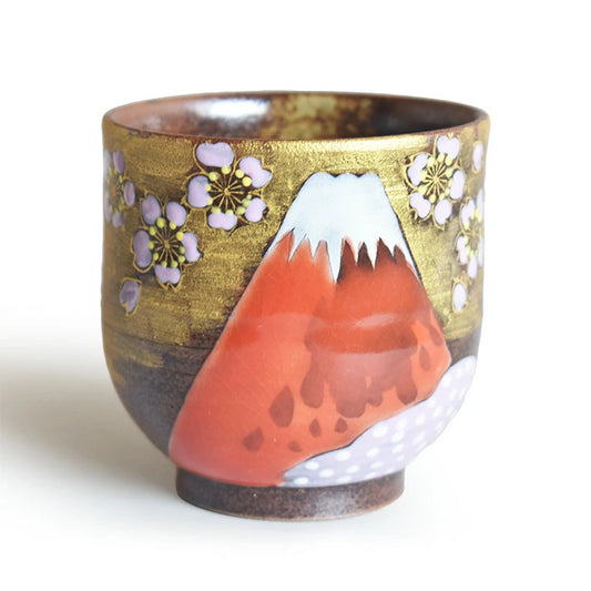 KUTANI JAPANESE YUNOMI SET TEACUP GOLDEN CLOUDS AND CHERRY BLOSSOMS ON MOUNT FUJI/YOSHINORI FUKUDA