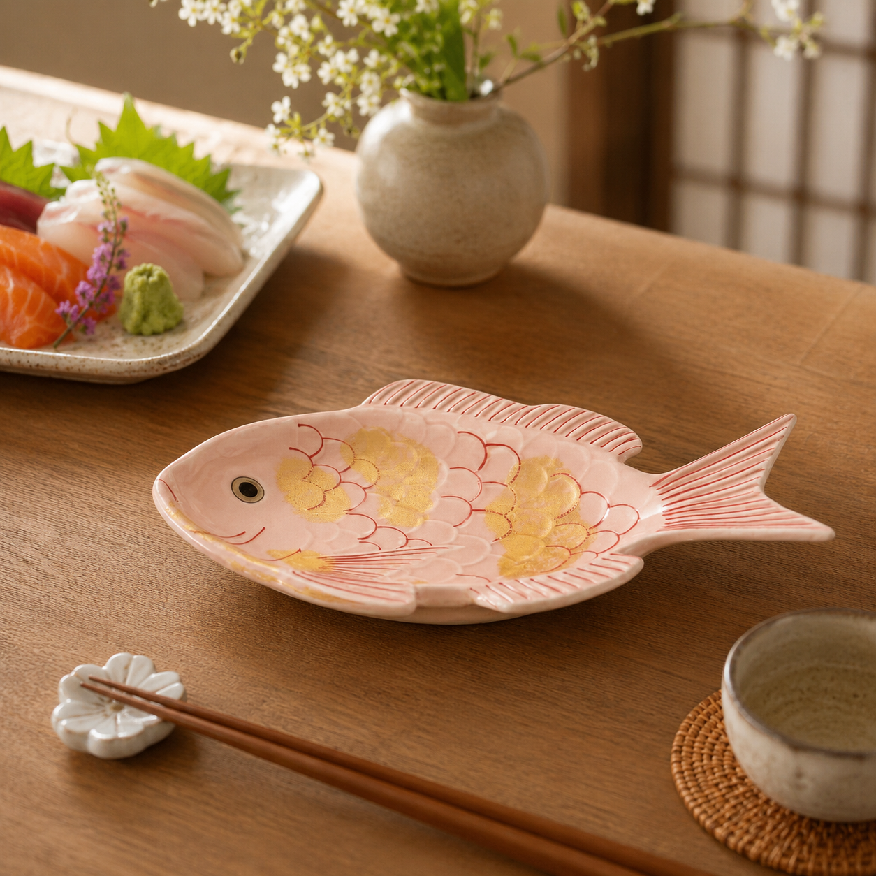 ARITA WARE NISHIKI PINK GLAZE TAI-SHAPED DISH WITH GOLD ACCENTS / KOURAKU KILN