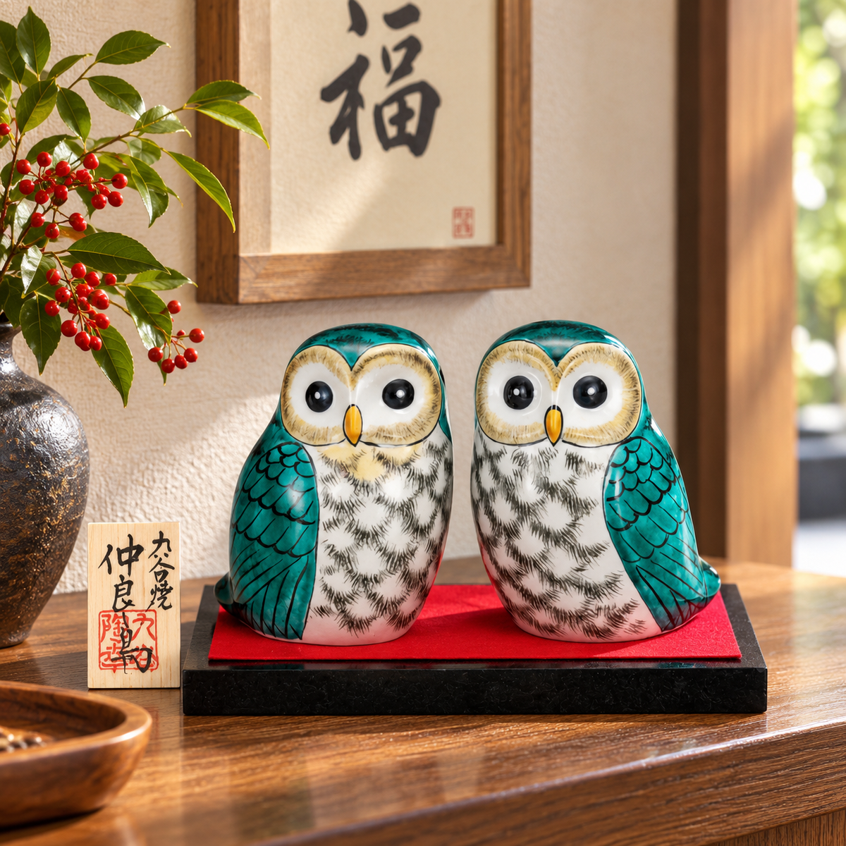 JAPANESE KUTANI WARE PAIR OF OWLS FIGURINE GREEN GLAZE DECORATION (WITH STAND, MAT, AND NAMEPLATE INCLUDED)