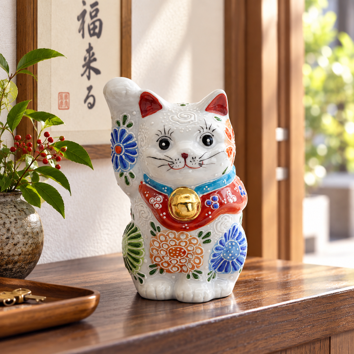 JAPANESE KUTANI LUCKY CAT(MANEKI NEKO) WHITE MORI